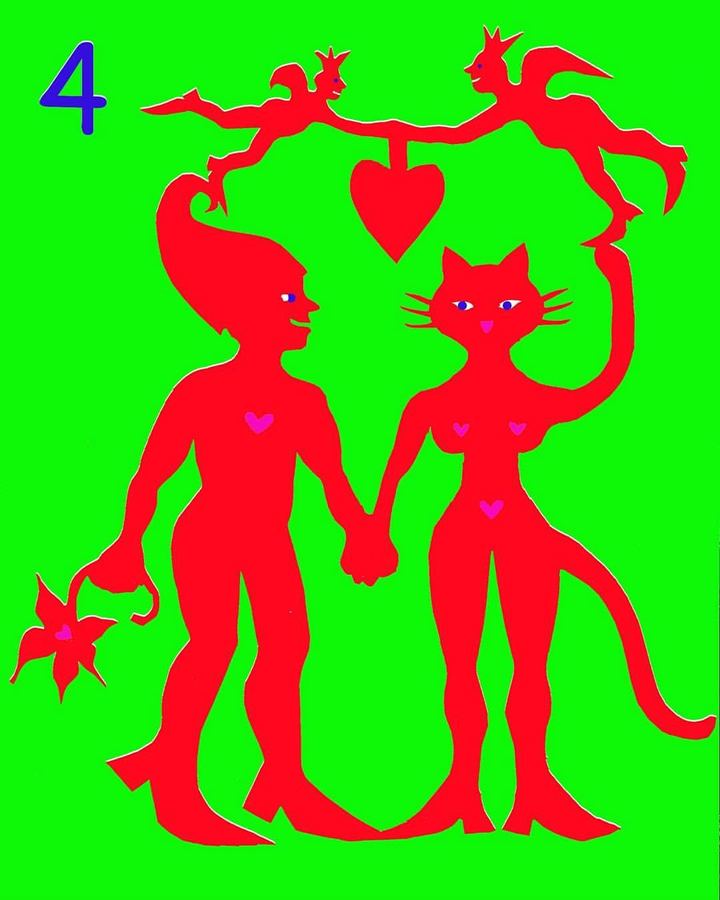 Rød silhuet på neongrøn baggrund: en nisse og en kattedame holder i hånd under to engle, der bærer et hjerte.