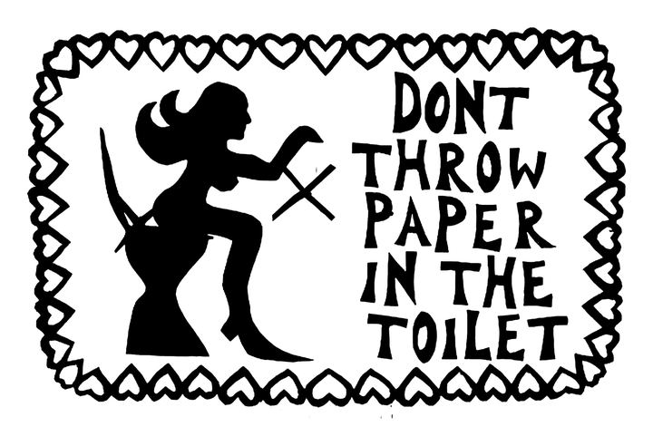 Papirklip med hjertekant: en kvinde med saks ved siden af de klippede ord DONT THROW PAPER IN THE TOILET.