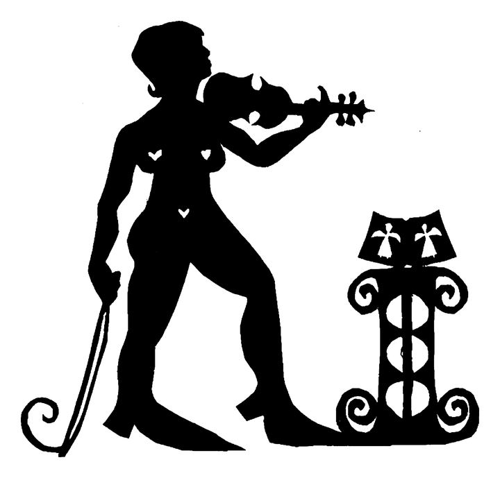 Papirklip: en skikkelse med hjerte på brystet spiller violin ved siden af en lille søjle med et kattehoved på toppen.